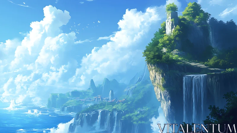 Ethereal Cliff Kingdom: Cascading Waterfalls Above Serene Blue Bay