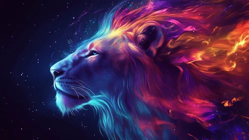 Spectral lion profile with nebular, flame-like chromatic mane.
