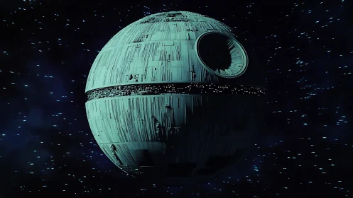 Spherical armored space station in deep starfield backdrop.