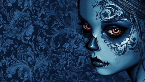 Midnight sugar skull muse in swirling indigo florals.