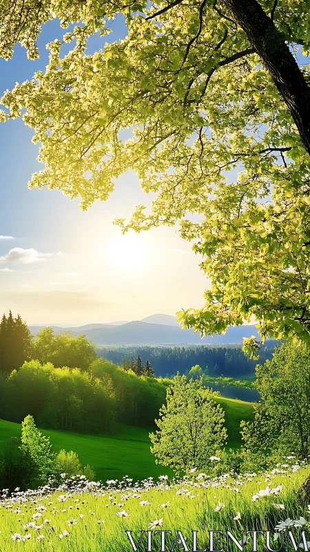 Sunlit spring meadow captures atmospheric depth and clarity