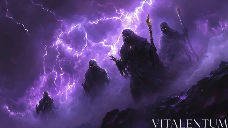 Dark robed sorcerers advancing through violet storm.