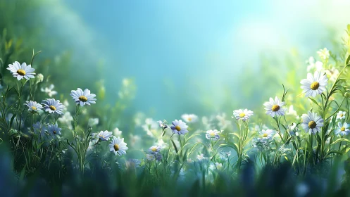 Field of White Daisies Under Clear Blue Sky.