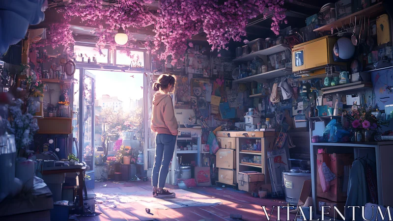 Girl beneath drifting blossoms in a cluttered dawn studio.