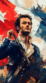 Male figure in military coat before abstract tricolor flag.