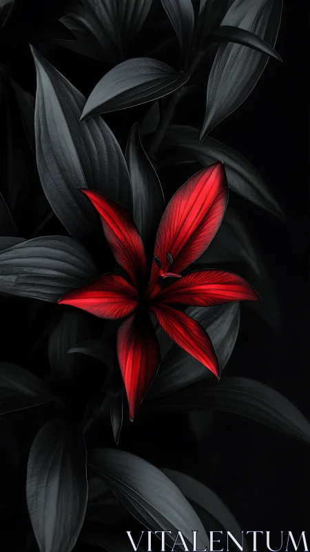Red Flower Petals Glow Against Pitch Black Foliage.
