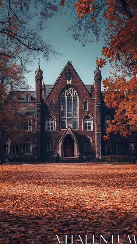 Gothic revival college facade framed by cinematic autumn foliage.