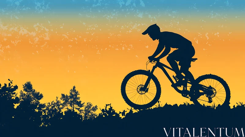 Mountain Biker Silhouette Against Golden Sunset Sky