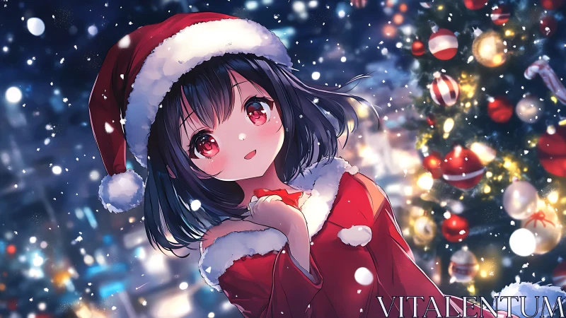 Anime Christmas portrait with luminous bokeh snowfall field.