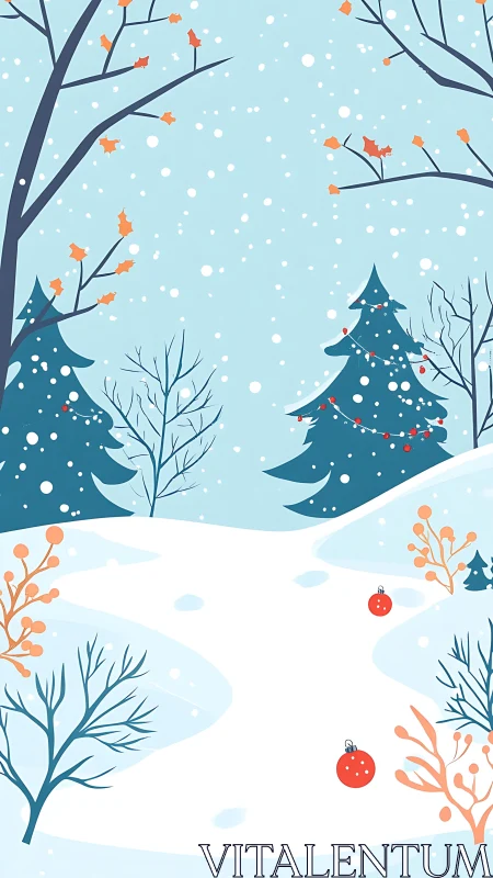 Minimal winter forest path with snow and conifer trees.