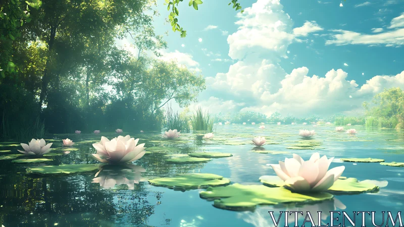 Serene sunlit pond with blooming water lilies under cumulus sky