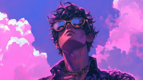 Neon-lit youth gazing skyward amid dreamy pink clouds.