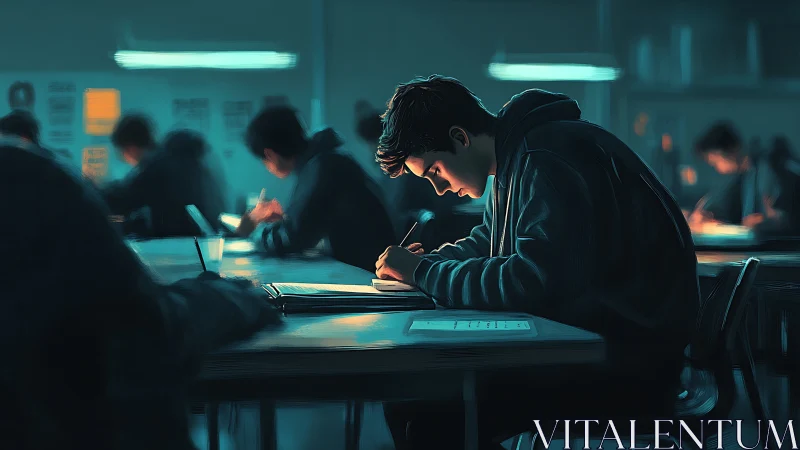Focused student in moody teal classroom lighting scene.