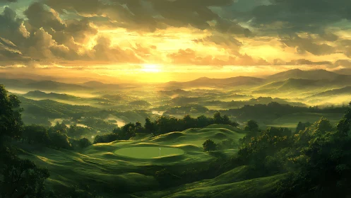 Sunlit golf green rests beneath a sweeping golden horizon