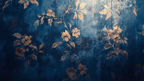 Gold floral pattern over textured deep blue background.