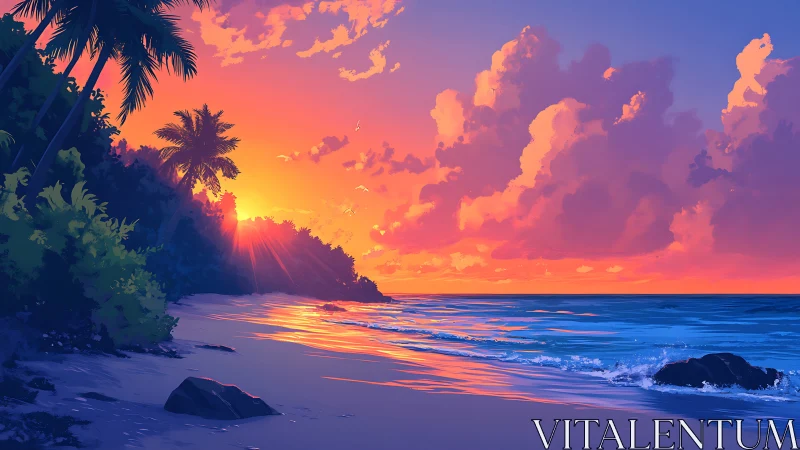Digital sunset shoreline with luminous tropical cloudscape.