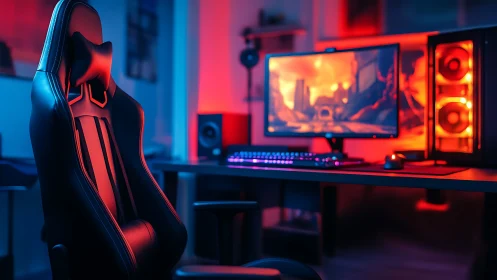 Modern gaming chair in RGB lit desktop setup at night.