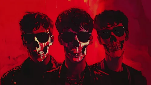 Sunglassed skull trio leans into crimson neon oblivion