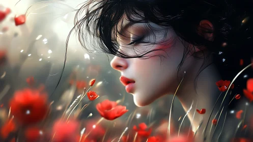 Profile portrait of young woman amid luminous red poppies