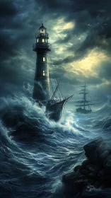 Storm-driven waves surround lighthouse and sailing vessels
