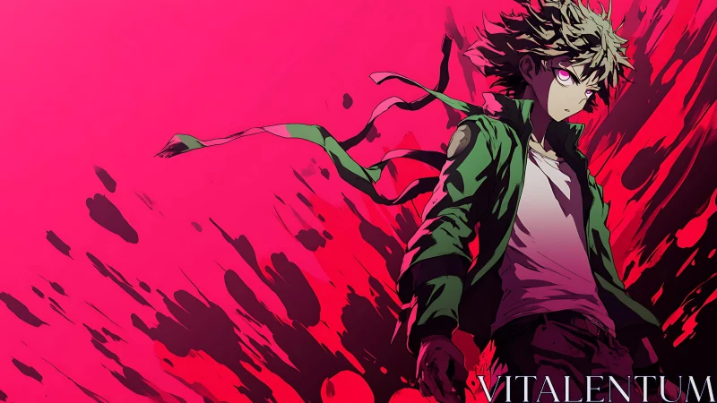 Anime boy with glowing eyes stands before violent red splash