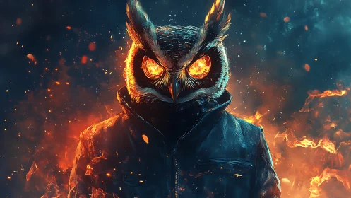 Midnight fire-owl strides from embers in molten armor