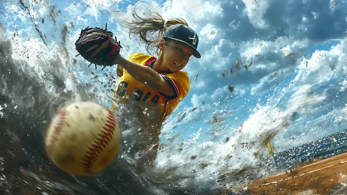 Fierce softball catcher lunges through flying dirt and thunderclouds.