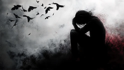 Silhouetted sorrow beneath circling crows in stormy dusk.