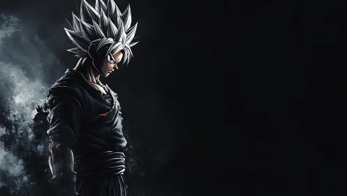 Silver-haired anime warrior stands brooding in darkness.