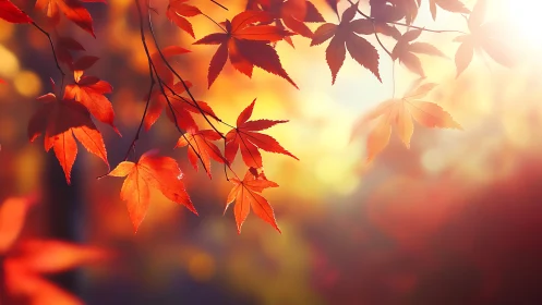 Golden light gently warms vivid red autumn maple leaves