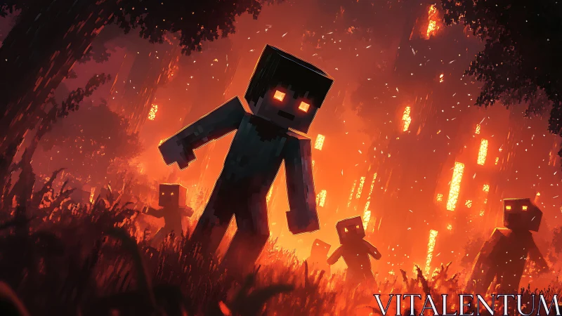 Pixel shadows roam through a blazing midnight forest.