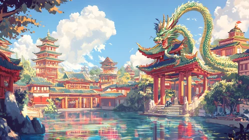 Sky-bright dragon curls over sunlit pagoda city of mirrors