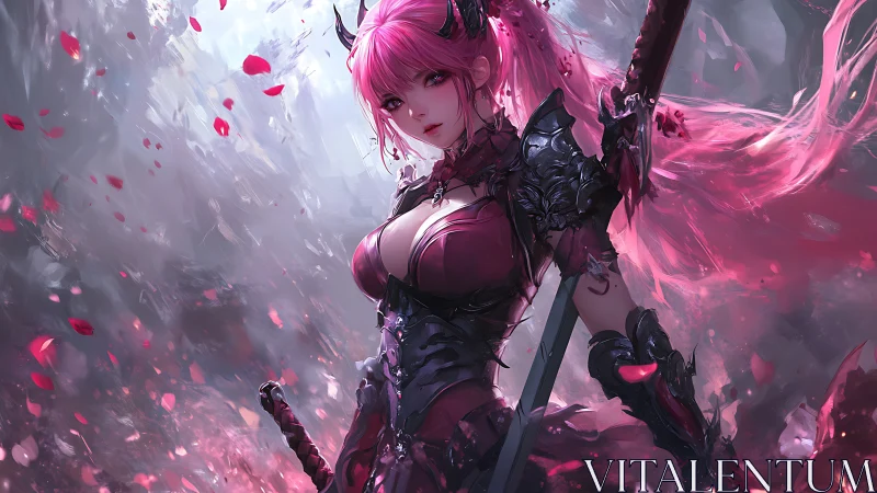 Pink-haired armored swordswoman stands in petal-filled haze