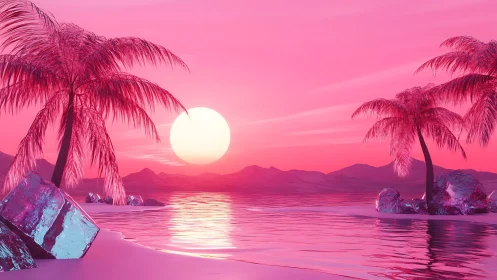 Dreamy pink sunset cradles palm trees in a neon lagoon