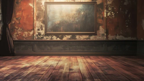 Weathered gallery interior with distressed wall and empty frame