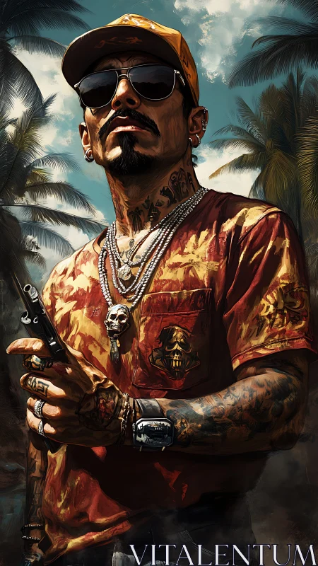 Tattooed man with firearm in tropical palm landscape.