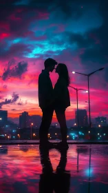 Silhouetted Couple Portrait Against Chromatic Twilight Urban Skyline