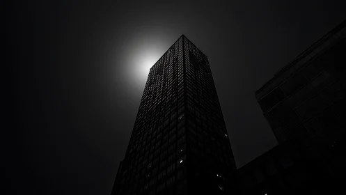 High-rise tower in backlit nighttime urban skyline.