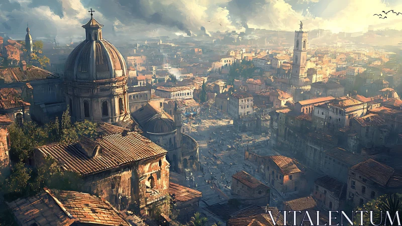 Panoramic digital painting of sunlit domed Mediterranean cityscape