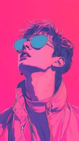 Neon duotone portrait with reflective eyewear and stylized lines.