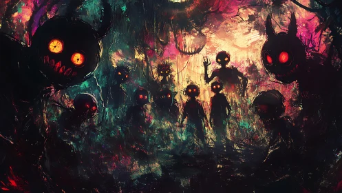 Demonic silhouettes with glowing eyes in chaotic neon forest
