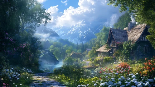 Mountain village cottages stand amid dense flowering gardens