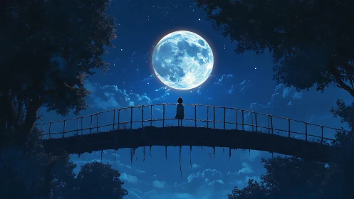 Silhouetted figure on rope bridge under large full moon.