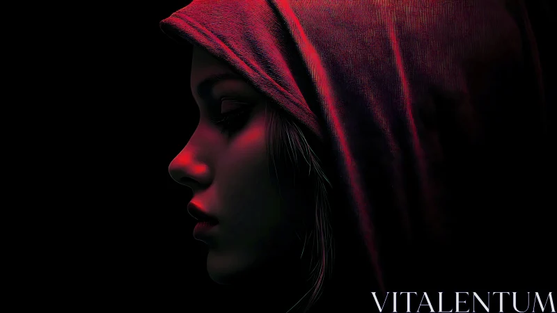 Quiet red-hooded profile glows gently against deep shadow