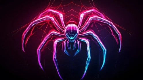 Neon spider illustration on web in glowing cyberpunk style.