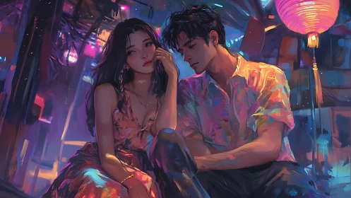Melancholic couple share quiet night beneath neon lanterns