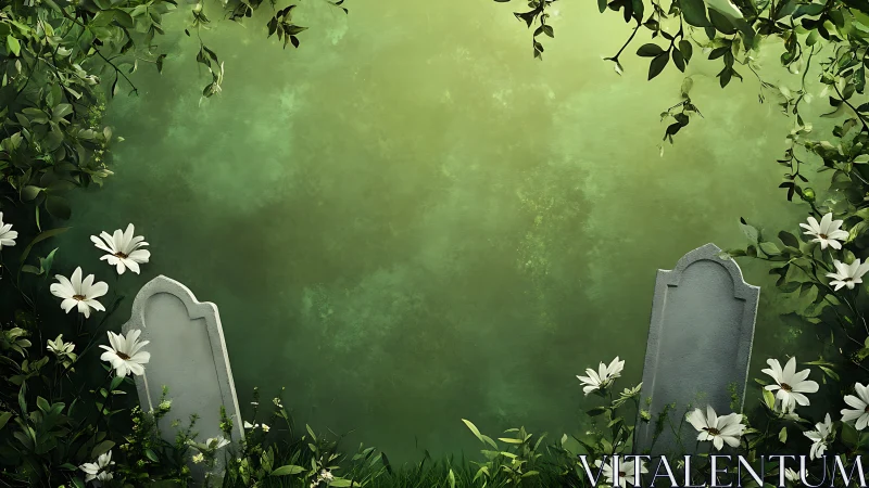 Soft green silence cradles twin gravestones and wild daisies