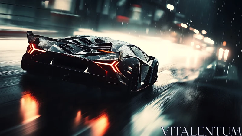 Aerodynamic hypercar in wet urban night motion study.