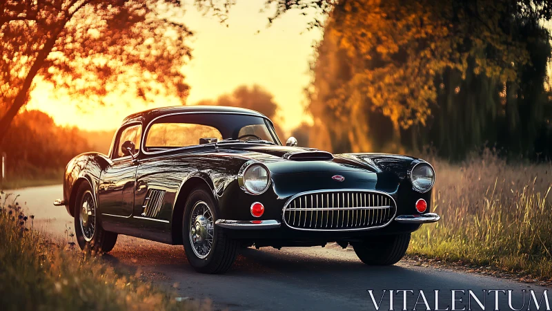Black vintage sports coupe glows in golden sunset light.