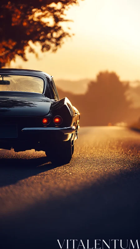 Classic black sports car cruises toward glowing sunset